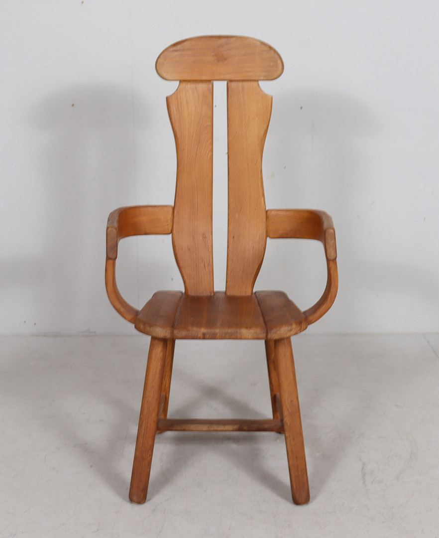 DE PUYDT. 6er Set brutalistische Stühle / Esszimmerstühle, Eiche, Belgien, 1970er Jahre.