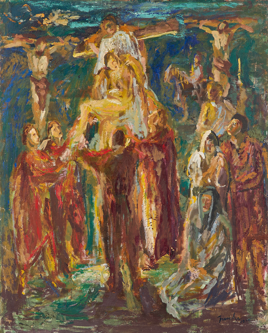 HELGE FRENDER (1906-1976). Korsnedtagningen, signerad samt daterad 1935, olja på pannå.