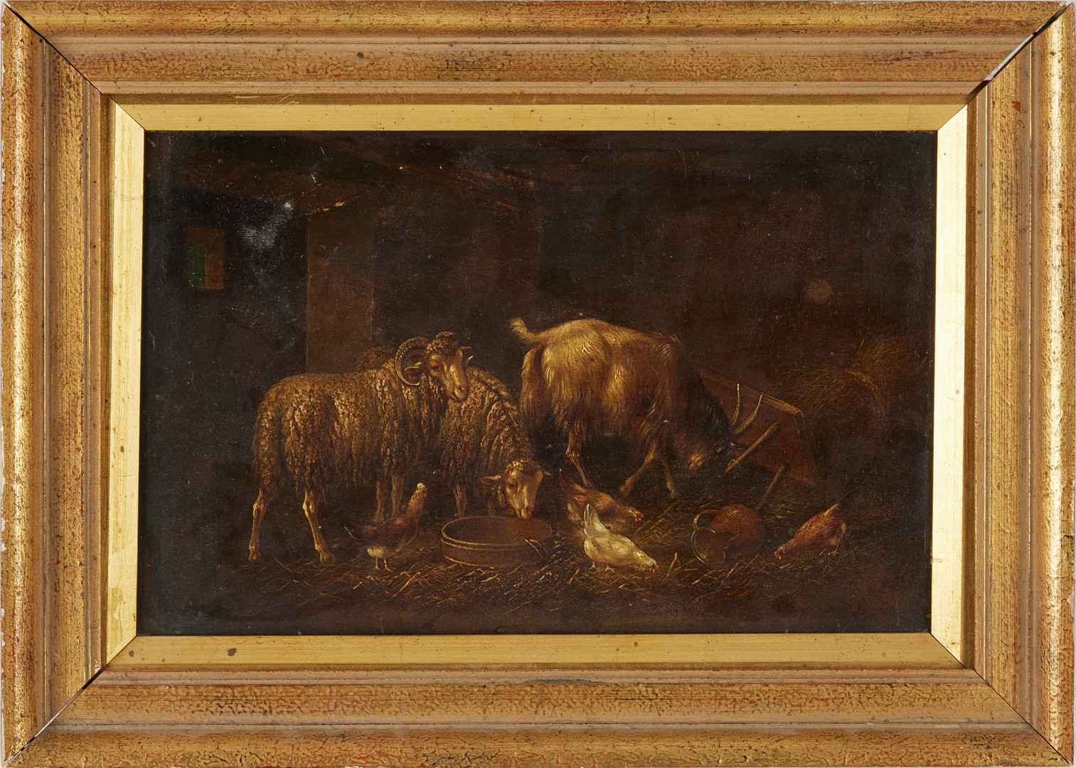 ADOLF NOWEY (FÖDD CA 1835-?). Stallinteriör med får, hönor och get, olja på pannå.