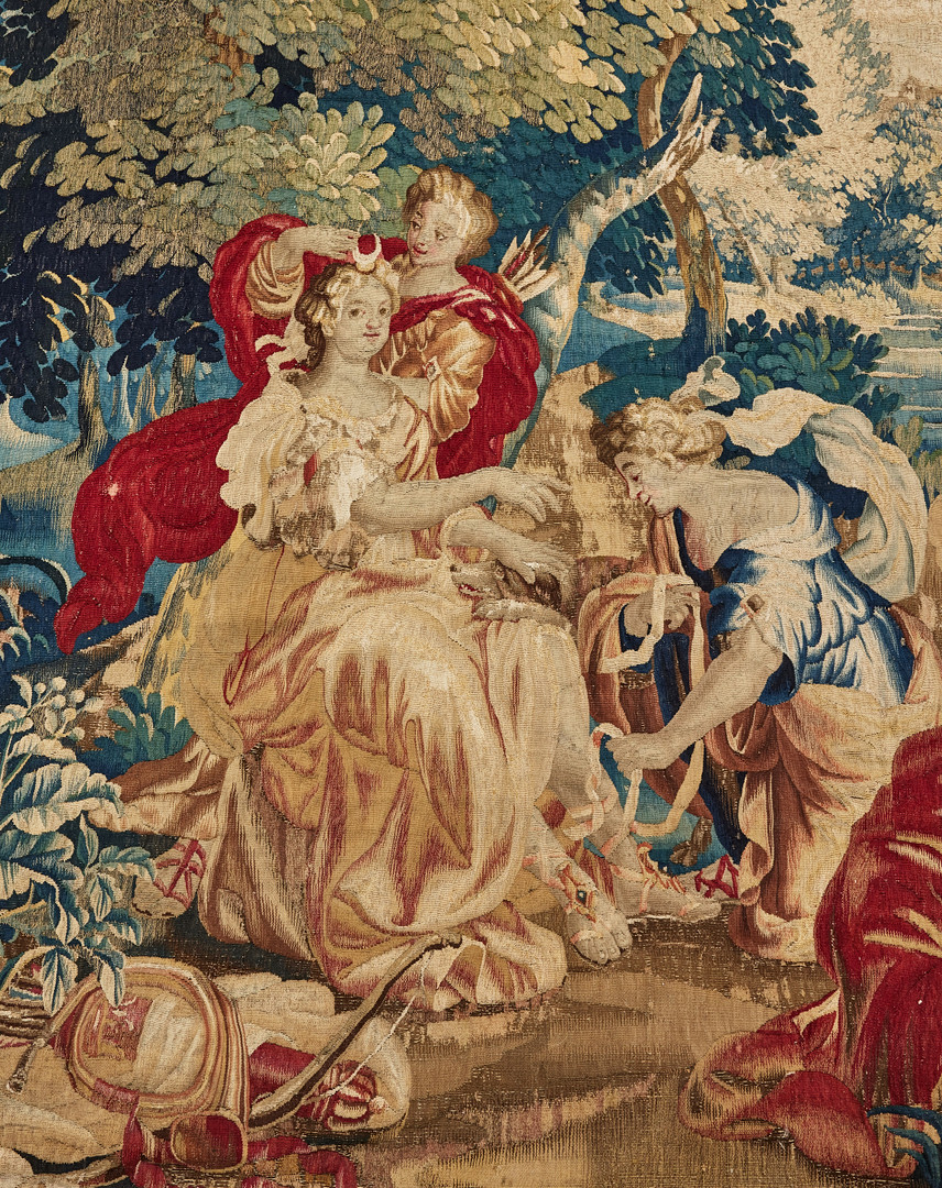 VÄVD TAPET, Flandern, Bryssel, omkring 1700, landskap med jaktgudinnan Diana och hennes följe.