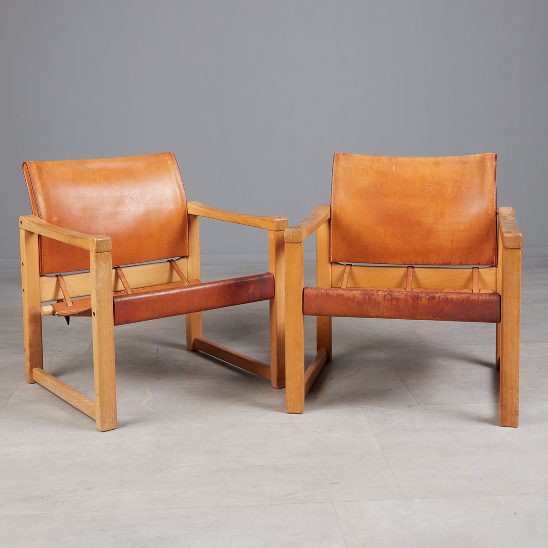 KARIN MOBRING. Ikea, zwei Sessel / Lounge Chairs, Modell 'Natura', Pinie, Leder, 1970er Jahre, Schweden (2).