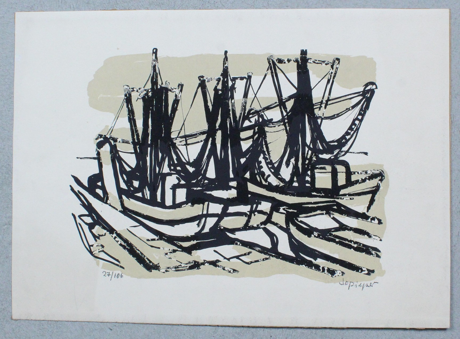 JO PIEPER. 'Segelboote im Hafen', Lithographie, limitiert, Ed. 27 / 106, signiert.