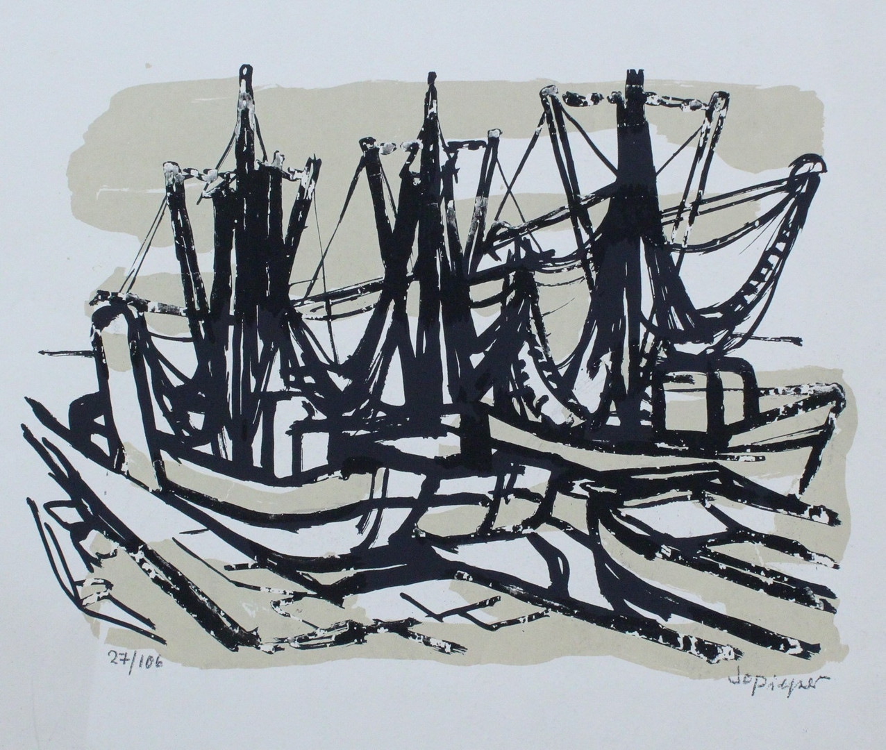 JO PIEPER. 'Segelboote im Hafen', Lithographie, limitiert, Ed. 27 / 106, signiert.