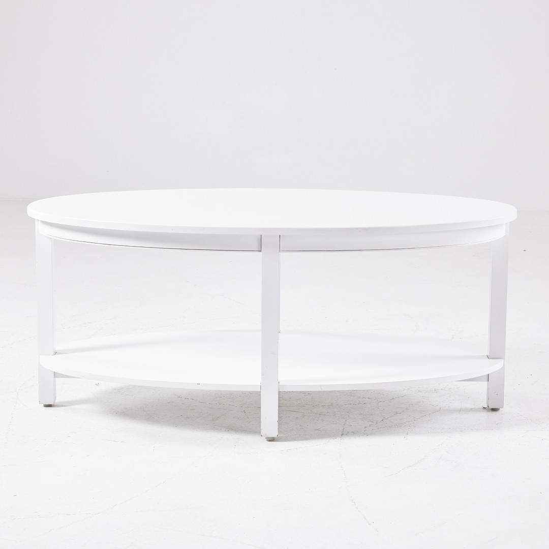 SOFFBORD, vitmålad stomme, tidningshylla, oval form, samtida.