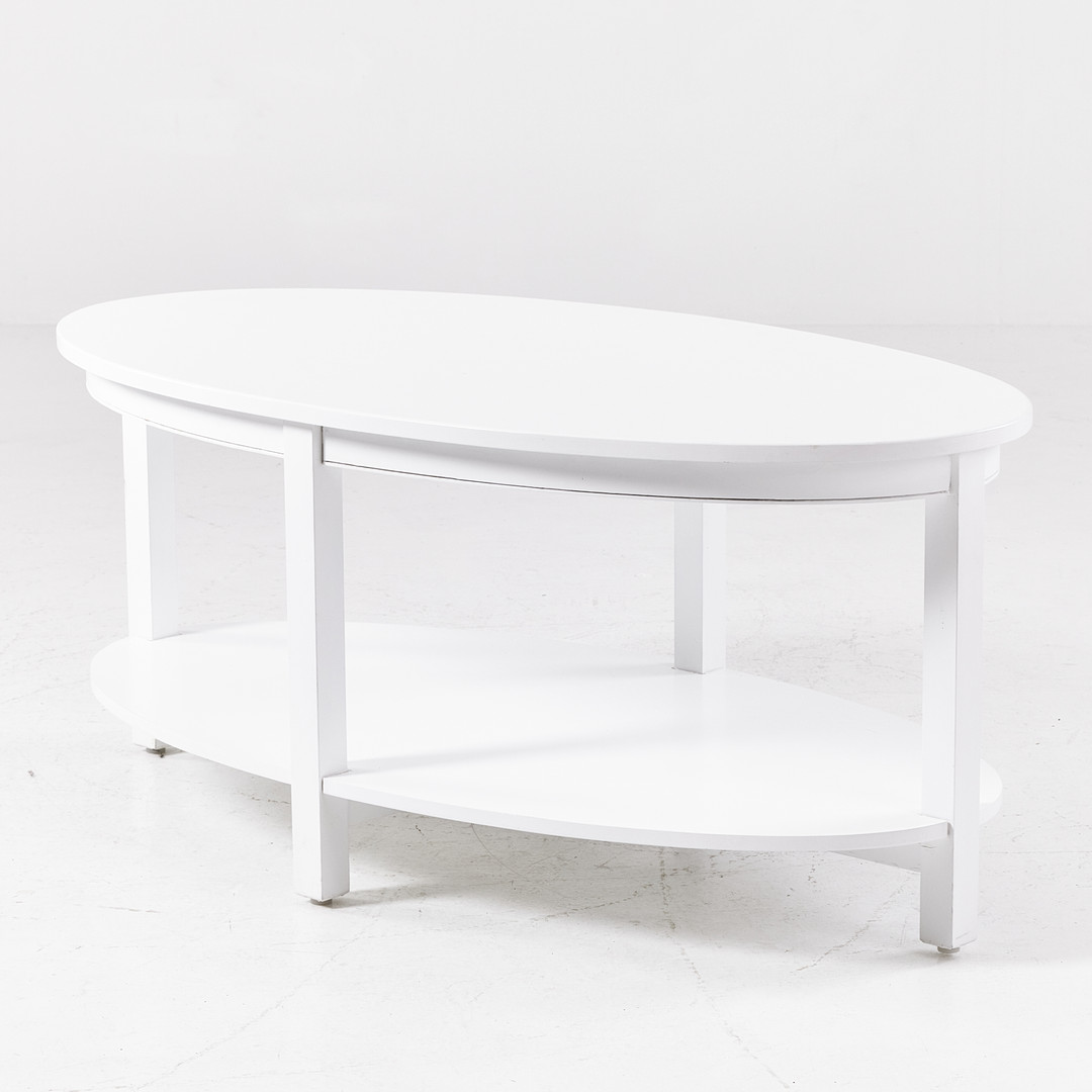 SOFFBORD, vitmålad stomme, tidningshylla, oval form, samtida.