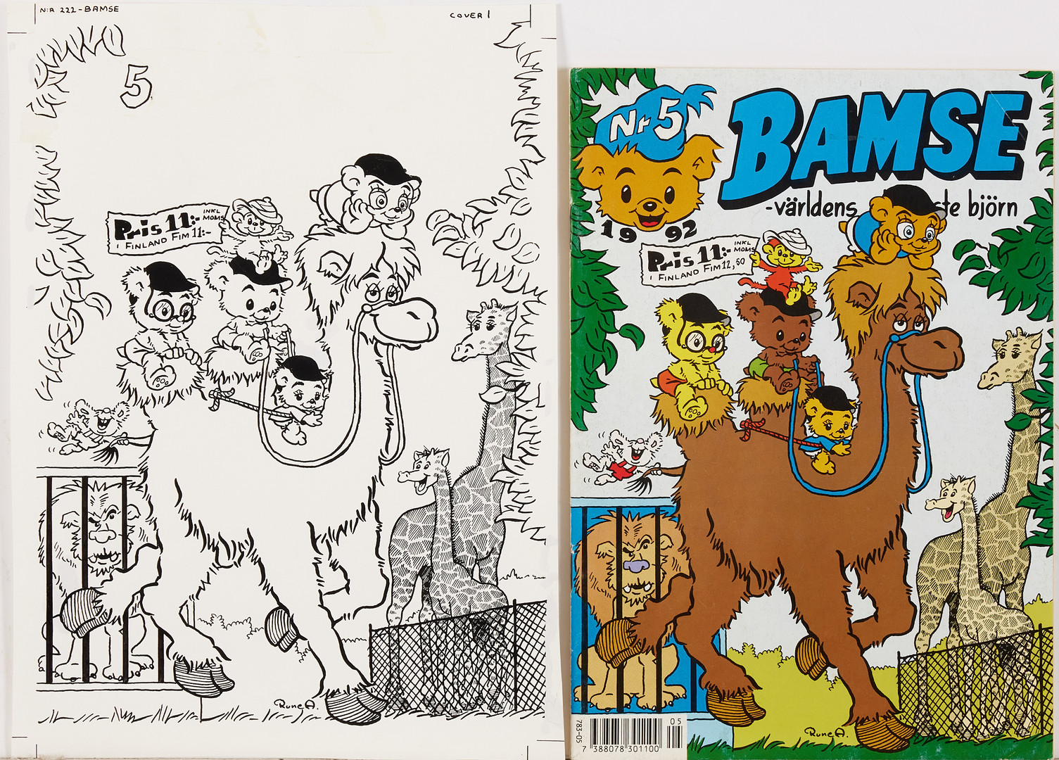 RUNE ANDRÉASSON. Bamse, original till omslag, nummer 5 från 1992, signerad Rune A, tusch på papper.