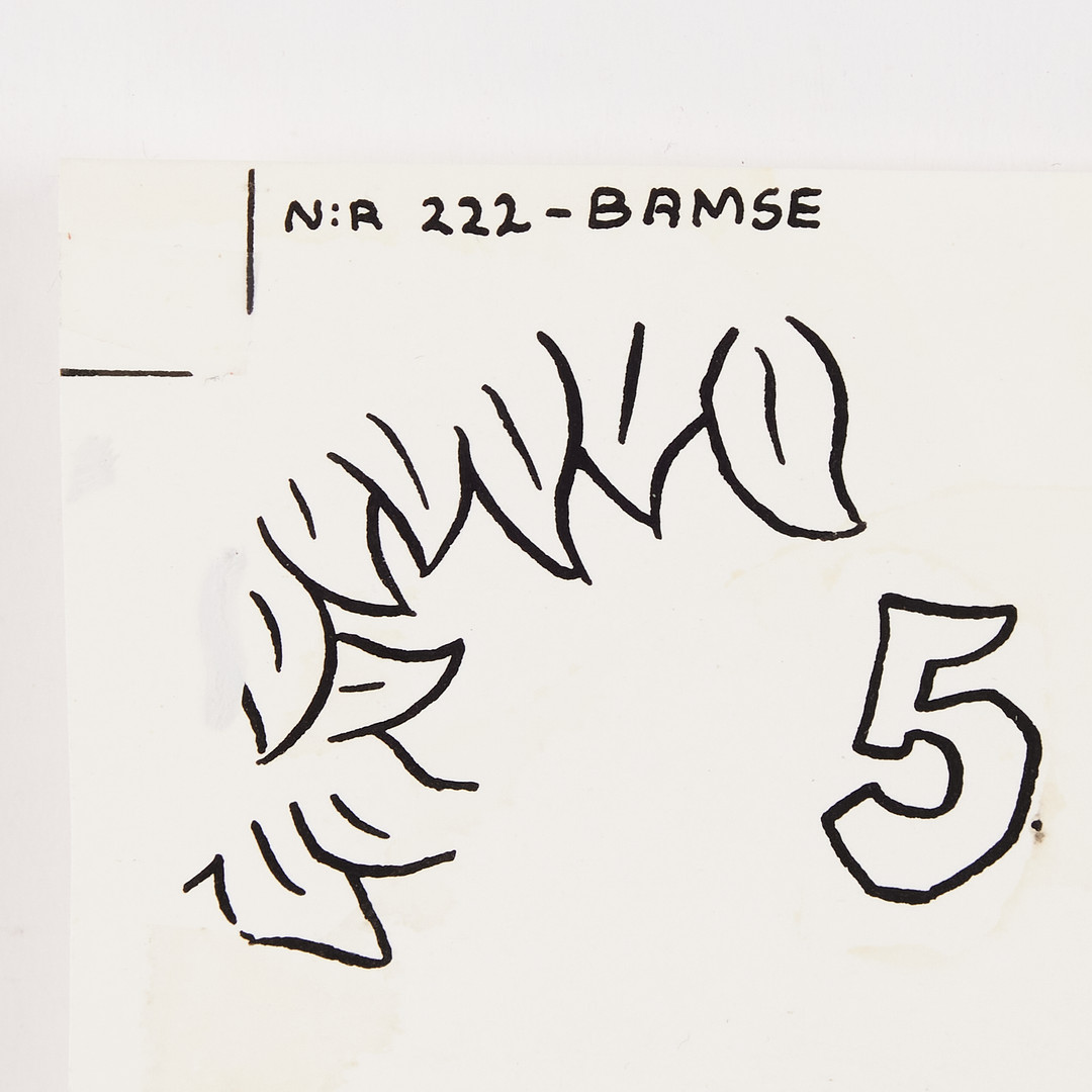 RUNE ANDRÉASSON. Bamse, original till omslag, nummer 5 från 1992, signerad Rune A, tusch på papper.