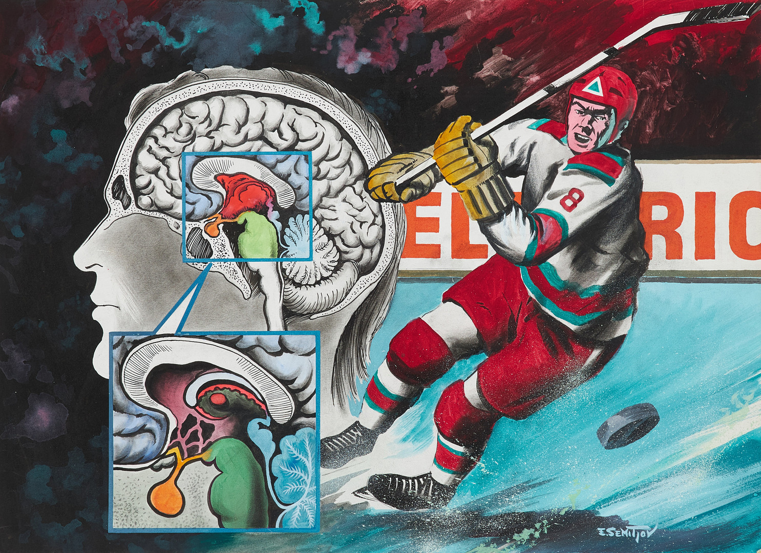 EUGEN SEMITJOV (1923-1987). Hockeyspelare, blandteknik på pannå, signerad.