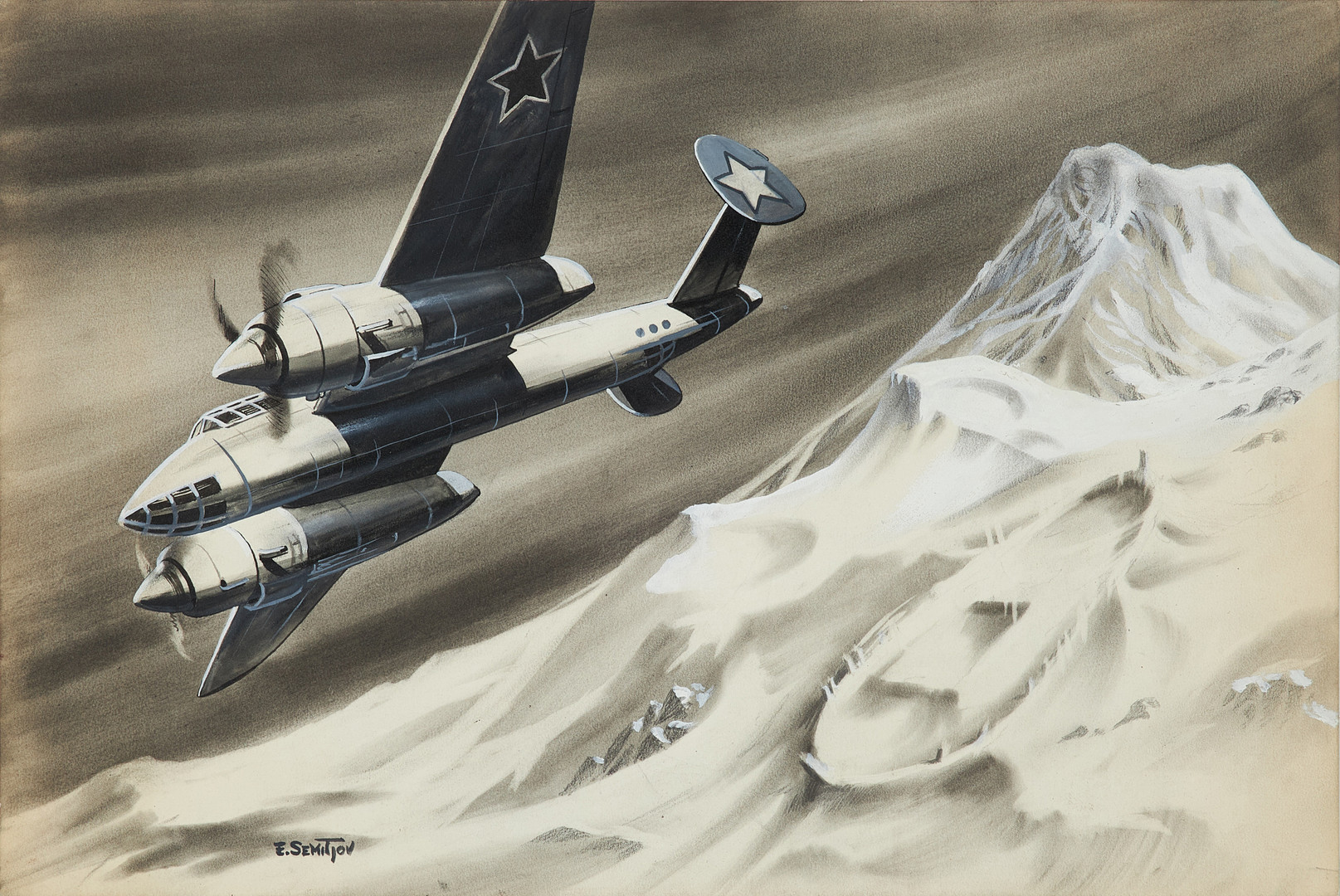 EUGEN SEMITJOV (1923-1987). Flygexpedition, blandteknik på pannå, signerad.