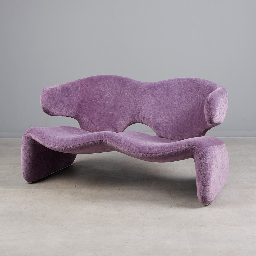 OLIVIER MOURGUE. Airborne International, Zweisitzer Sofa, Modell 'Djinn Sofa', Stahl, Stoff, Entwurf 1964, Frankreich.