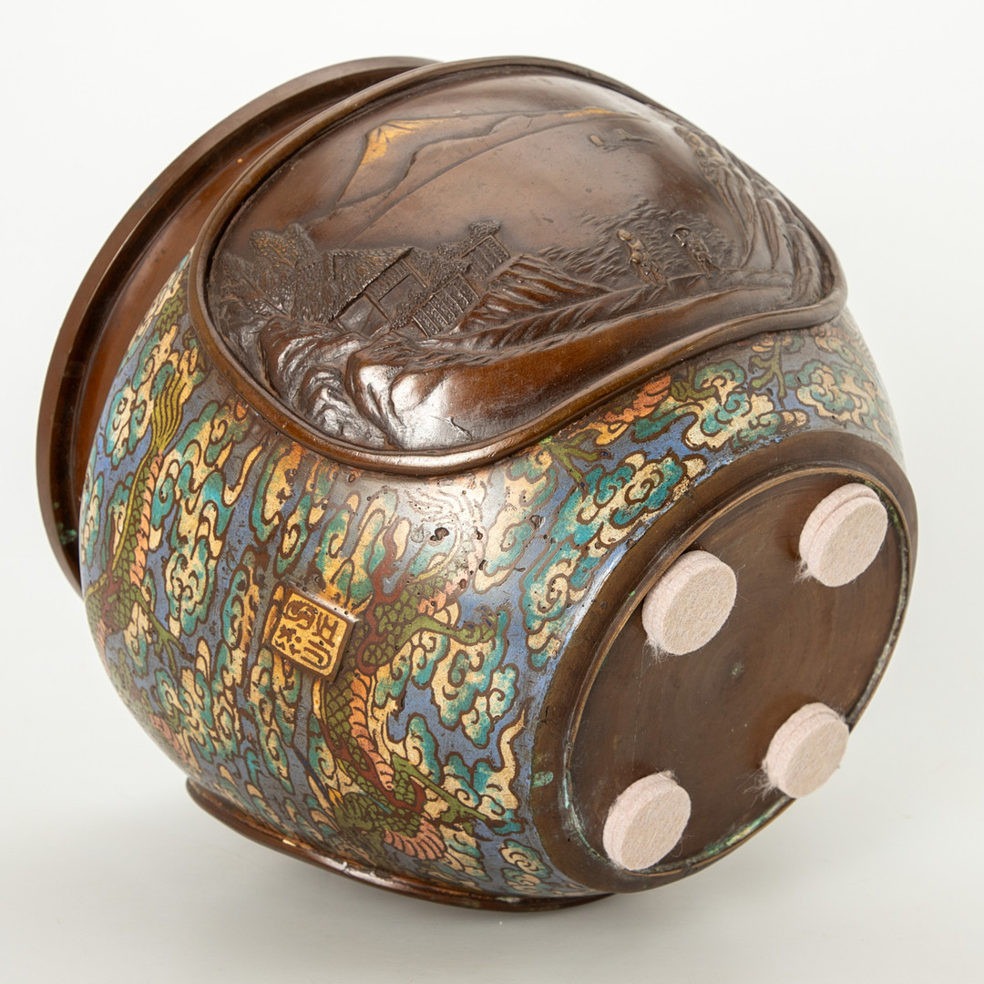 Weihrauchbecken / Übertopf, Bronze, Champlevé, Japan, Meiji- /Taishō-Periode.