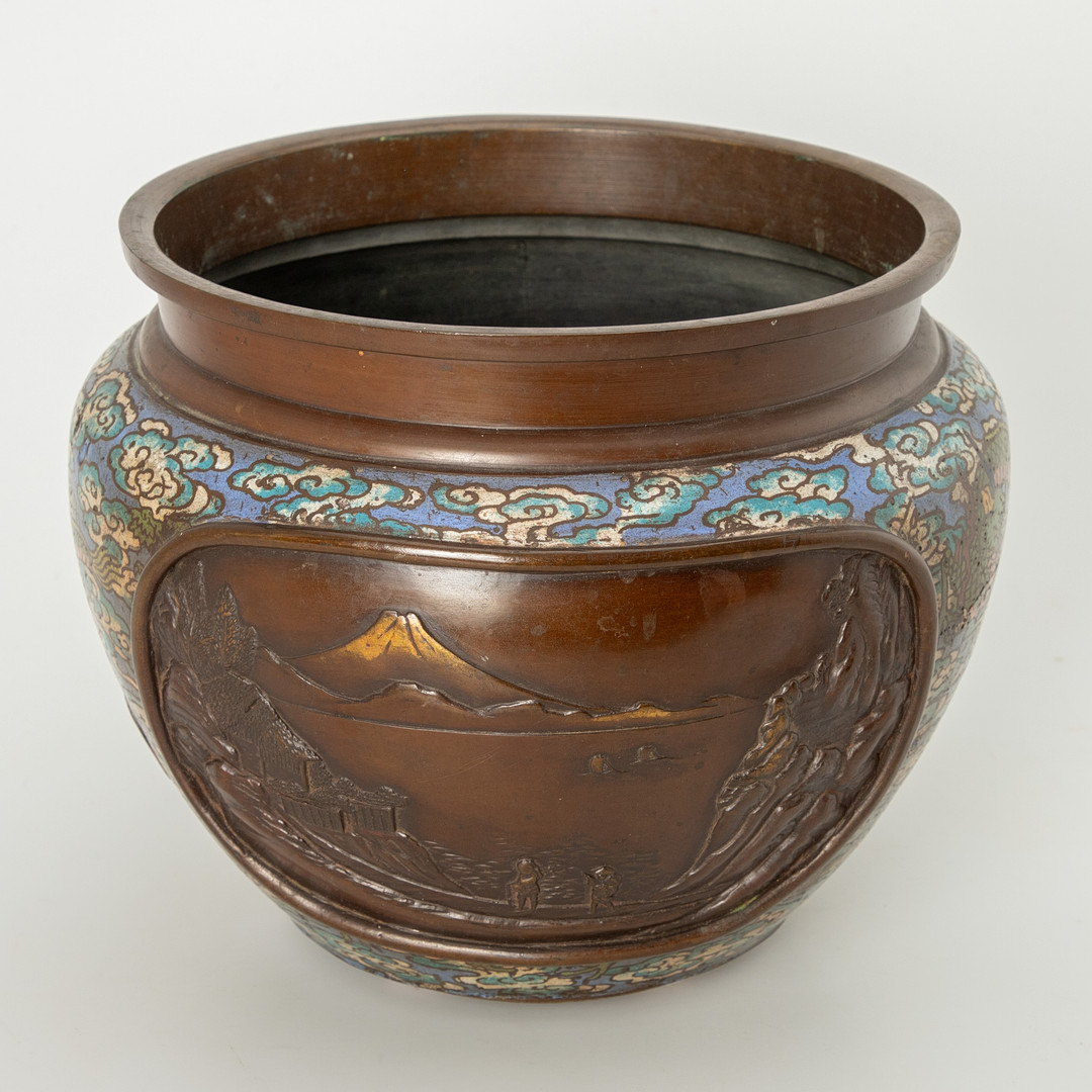 Weihrauchbecken / Übertopf, Bronze, Champlevé, Japan, Meiji- /Taishō-Periode.