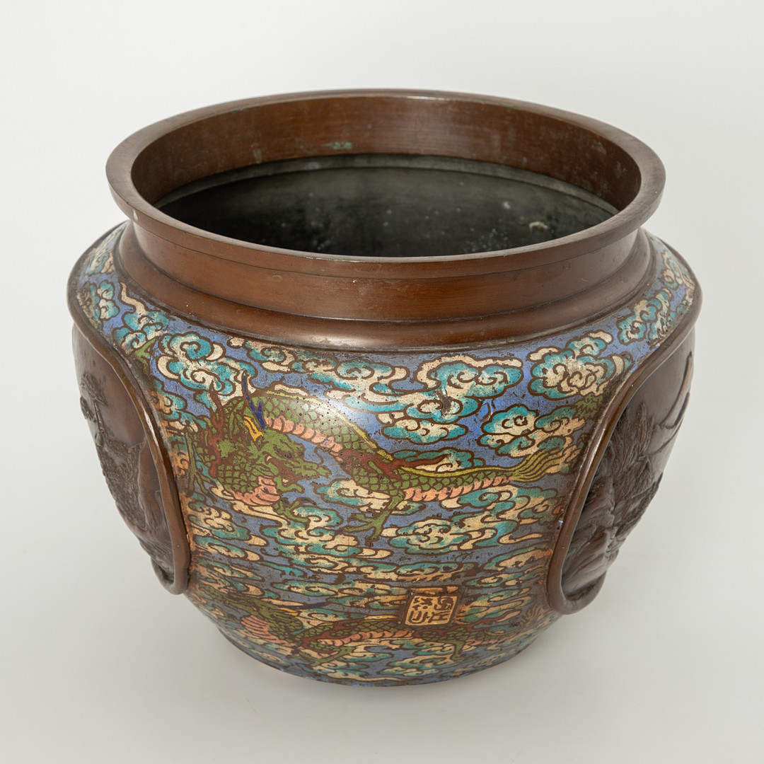 Weihrauchbecken / Übertopf, Bronze, Champlevé, Japan, Meiji- /Taishō-Periode.