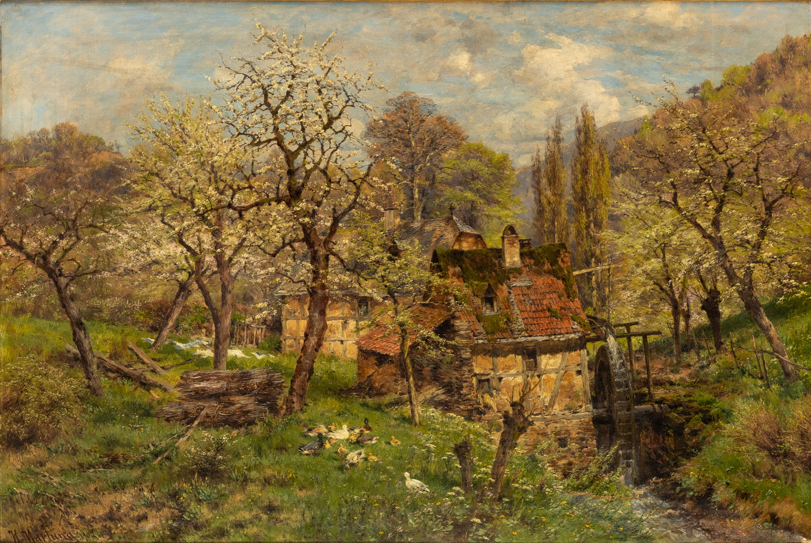 HEINRICH HARTUNG (1851-1919). Frühlingslandschaft mit Mühle.