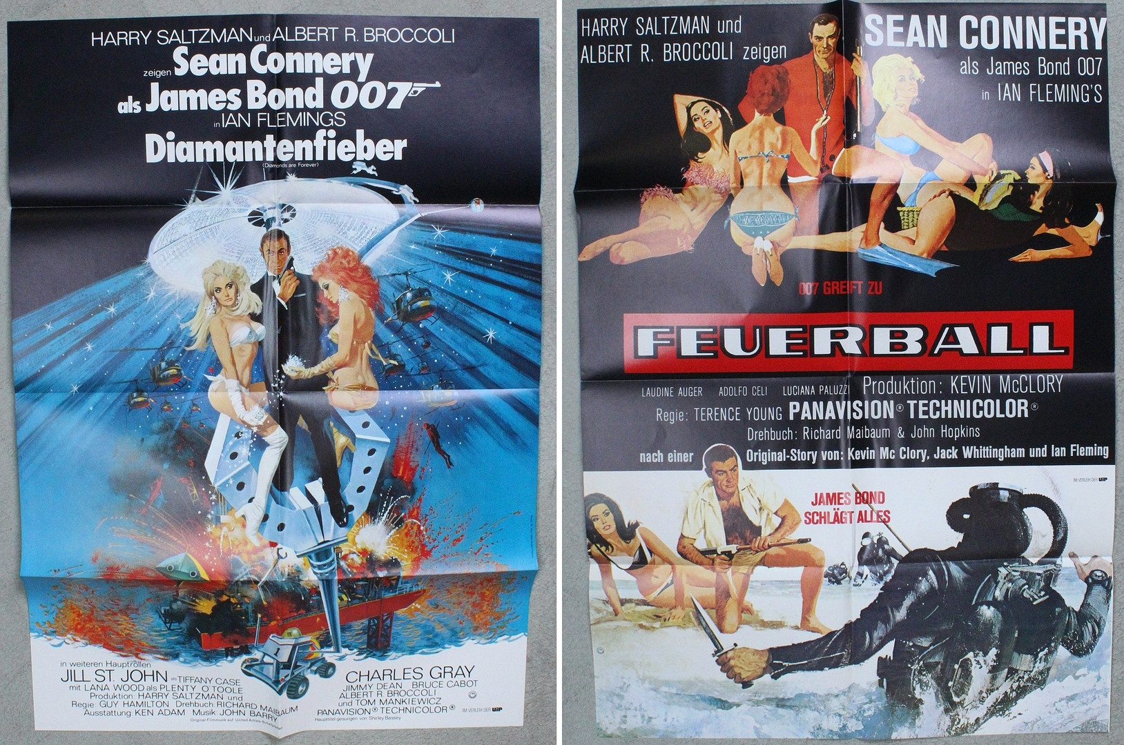 'James Bond 007 - Feuerball' und 'James Bond 007 - Diamantenfieber', deutsche Filmplakate.