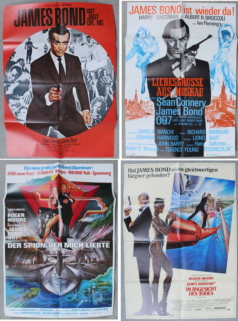'James Bond'-Filmplakate - '007 jagt Dr. No', 'Liebesgrüße aus Moskau', 'Der Spion, der mich liebte' und 'Im Angesicht des Todes'.