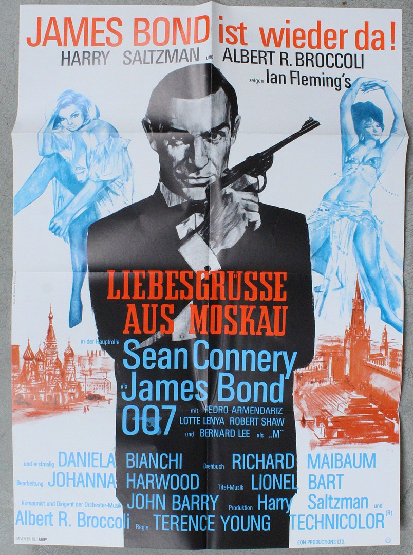 'James Bond'-Filmplakate - '007 jagt Dr. No', 'Liebesgrüße aus Moskau', 'Der Spion, der mich liebte' und 'Im Angesicht des Todes'.