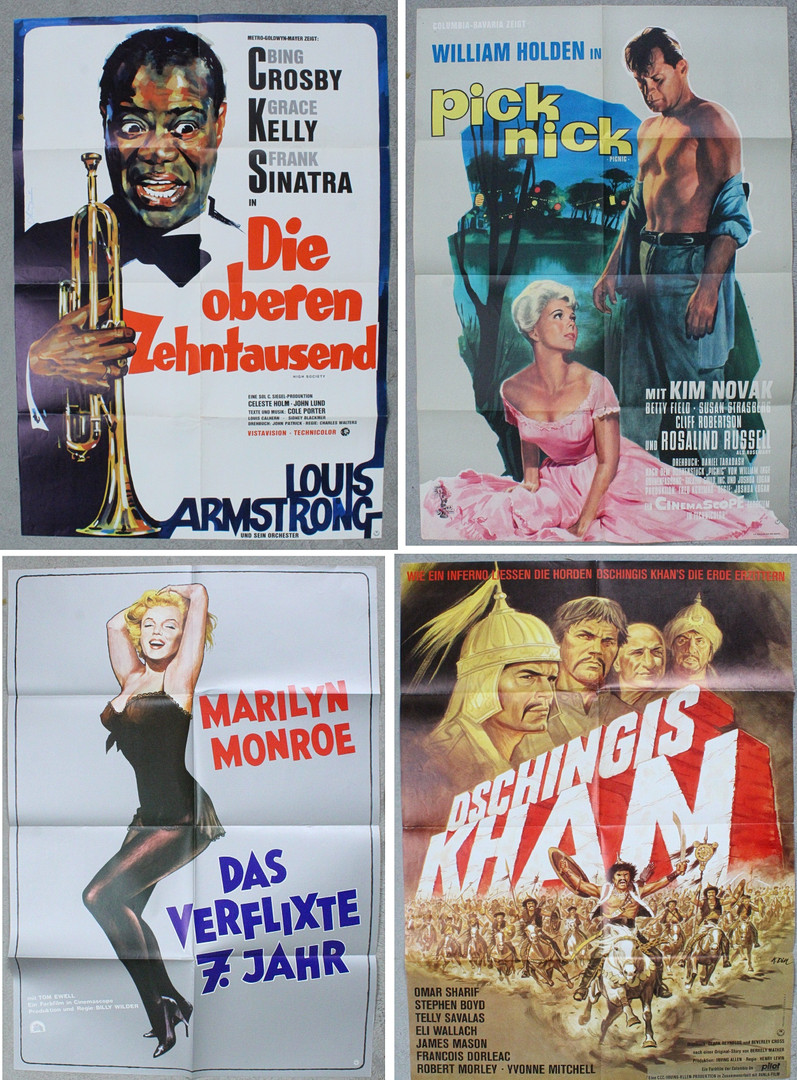 Deutsche Filmplakate - 'Die oberen Zehntausend', 'Picknick', 'Das verflixte 7. Jahr' und 'Dschingis Khan'.