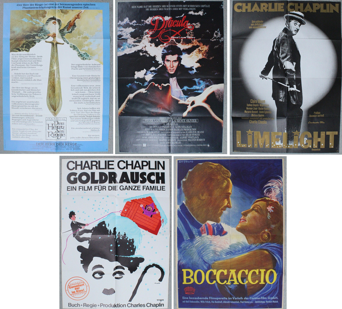 Konvolut deutsche Filmplakate - u.a. 'Der Herr der Ringe', 'Dracula - Eine Love Story' und 'Goldrausch'.