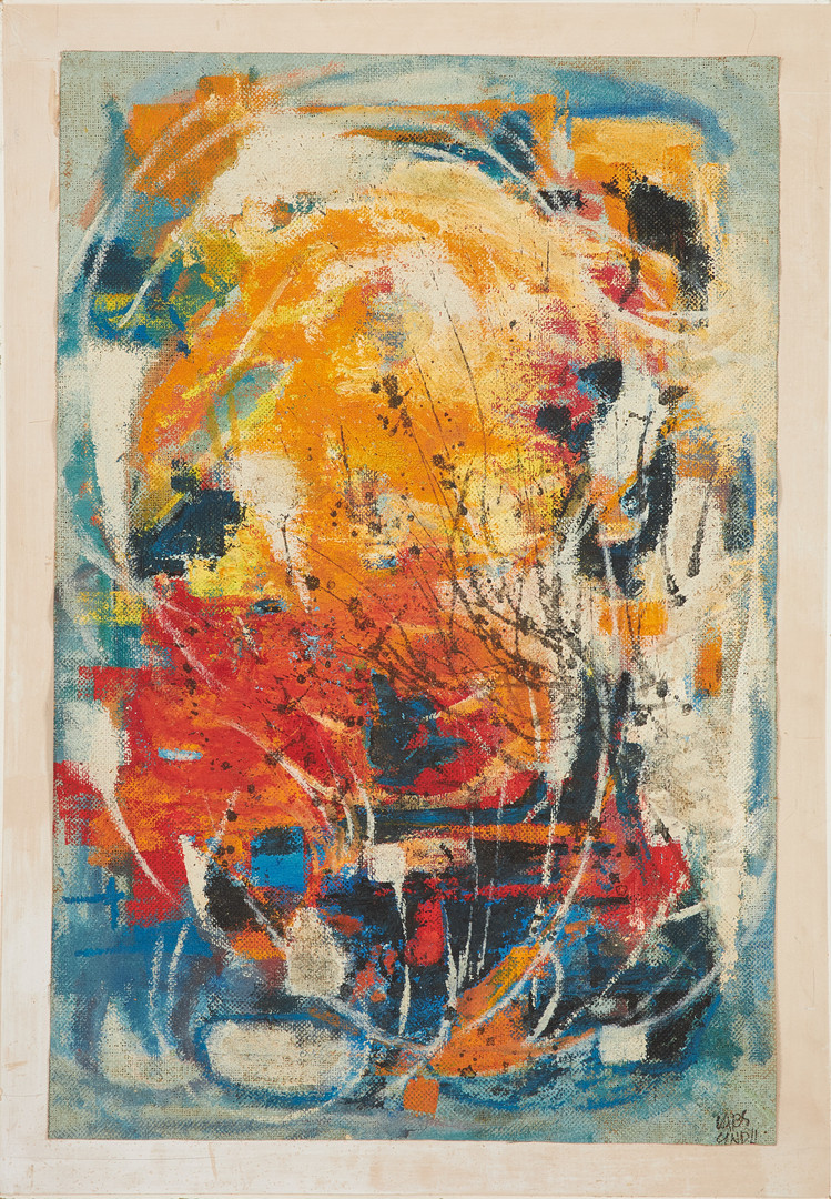 LARS LINDH (1918-2002). olja på duk uppfodrad på pannå, abstrakt komposition, signerad.
