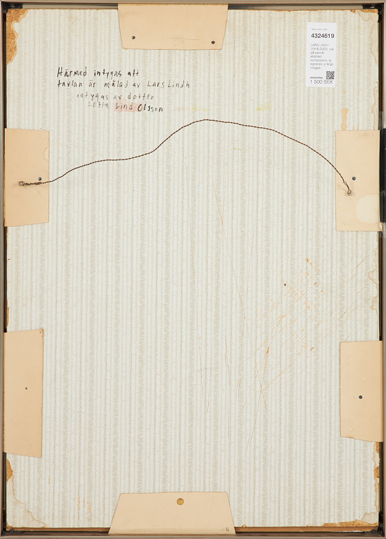 LARS LINDH (1918-2002). olja på pannå, abstrakt komposition, ej signerad, a tergo intygad.