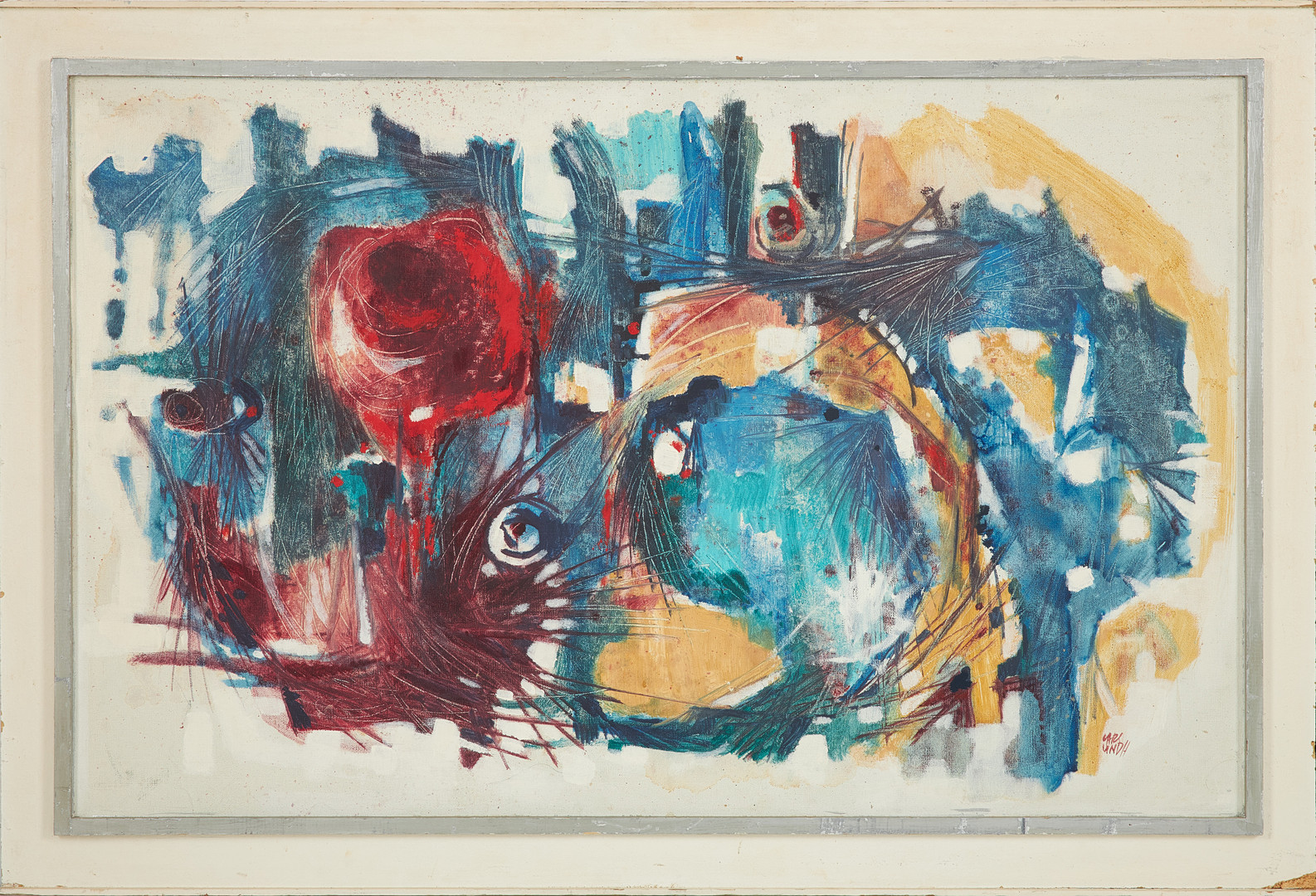 LARS LINDH (1918-2002). olja på duk uppfodrad pannå, abstrakt komposition, signerad.