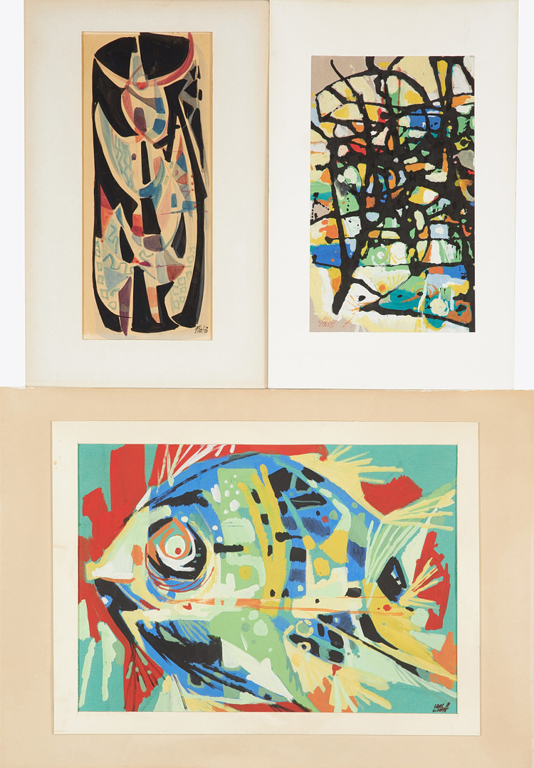 LARS LINDH (1918-2002). gouache på papper, 3 st, abstrakta kompositioner, signerade.