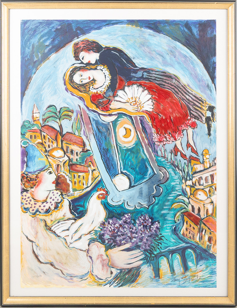 ZAMY STEYNOVITZ. Färglitografi, surrealistisk komposition, numrerad 13/275 samt signerad.
