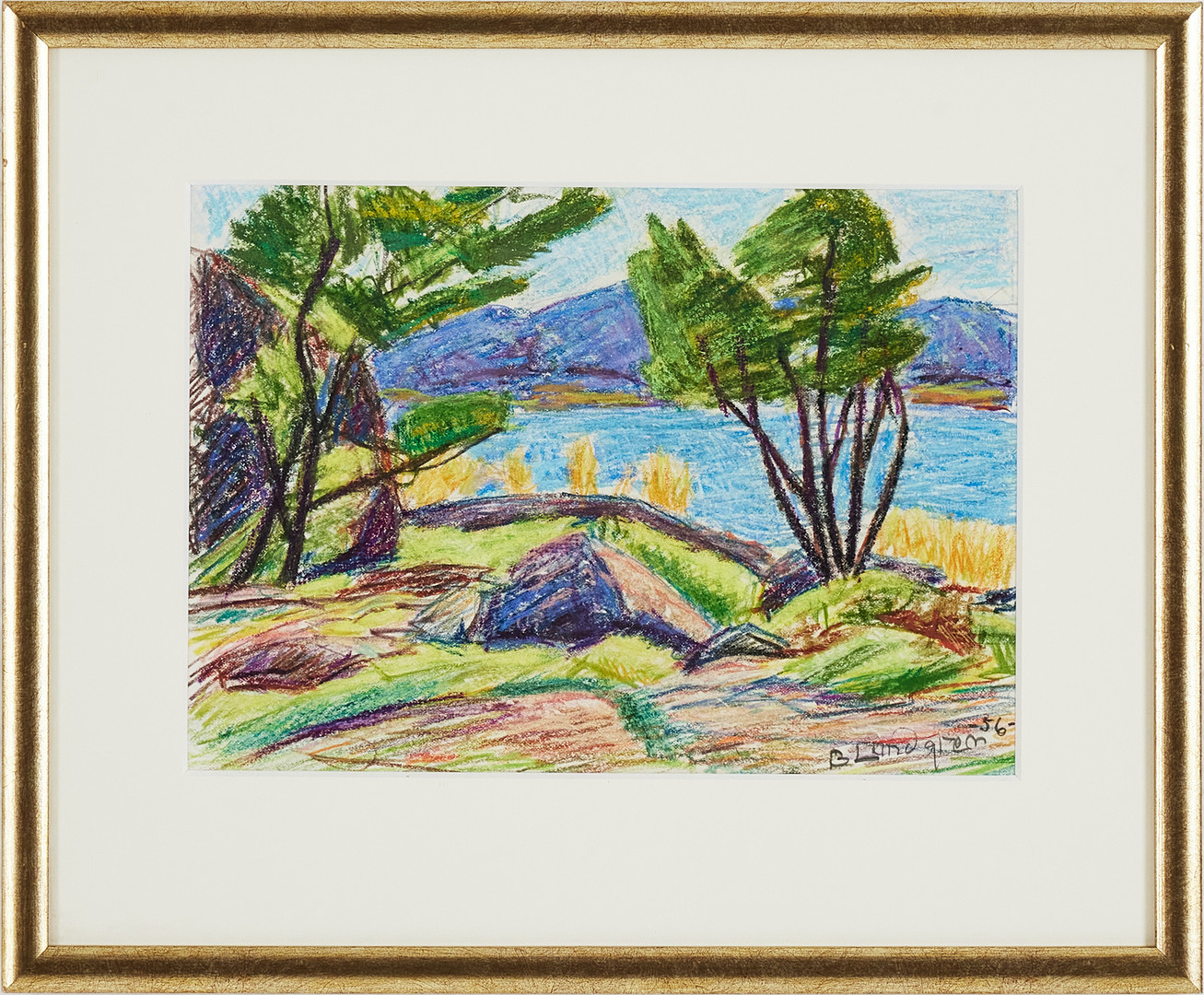 BERTIL LUNDGREN (1900-1979). Träd på klippor, pastellkrita på papper, signerad och daterad -56.