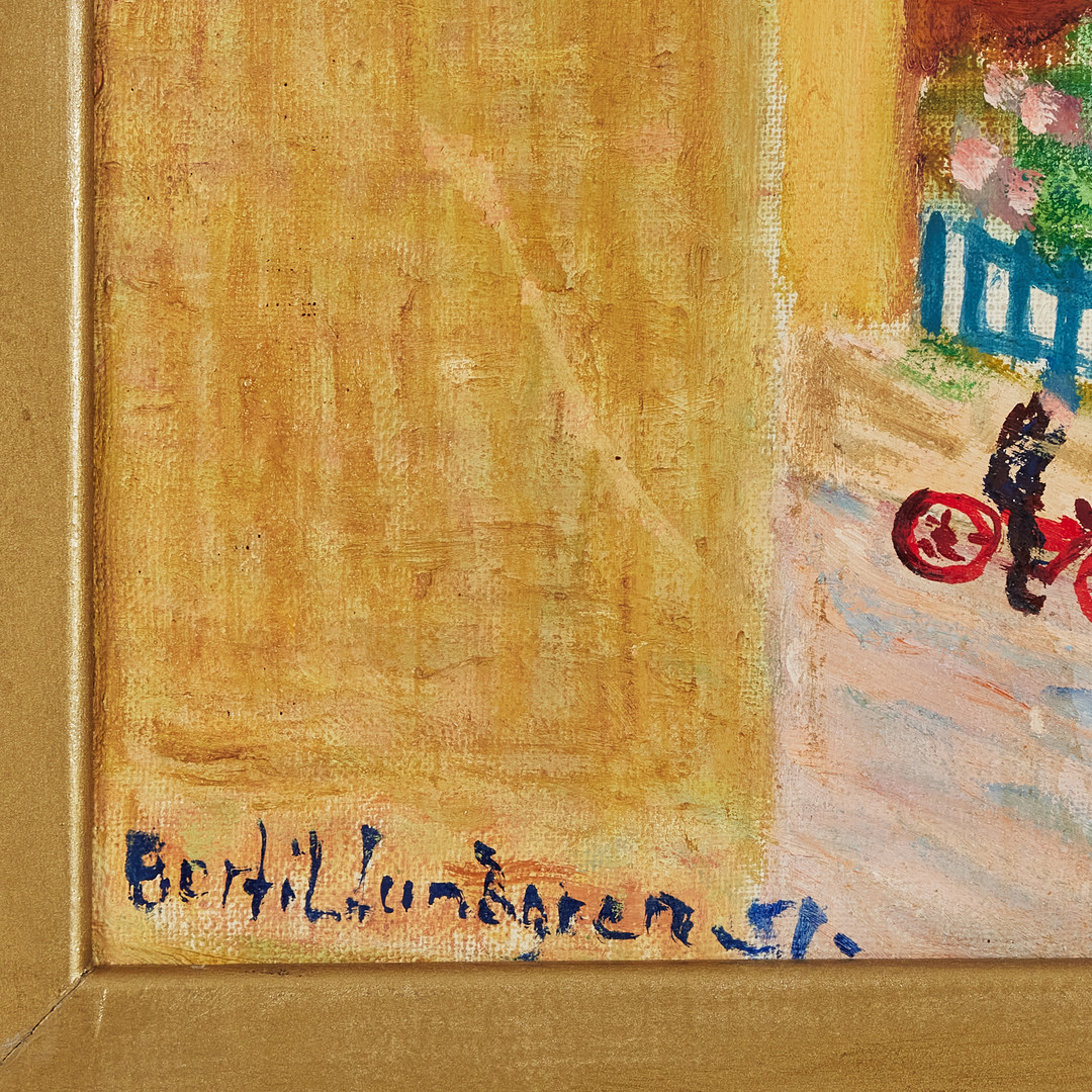 BERTIL LUNDGREN (1900-1979). Nynäshamn från balkong på Centralgatan 18 sommaren 1951, olja på duk, signerad och daterad.