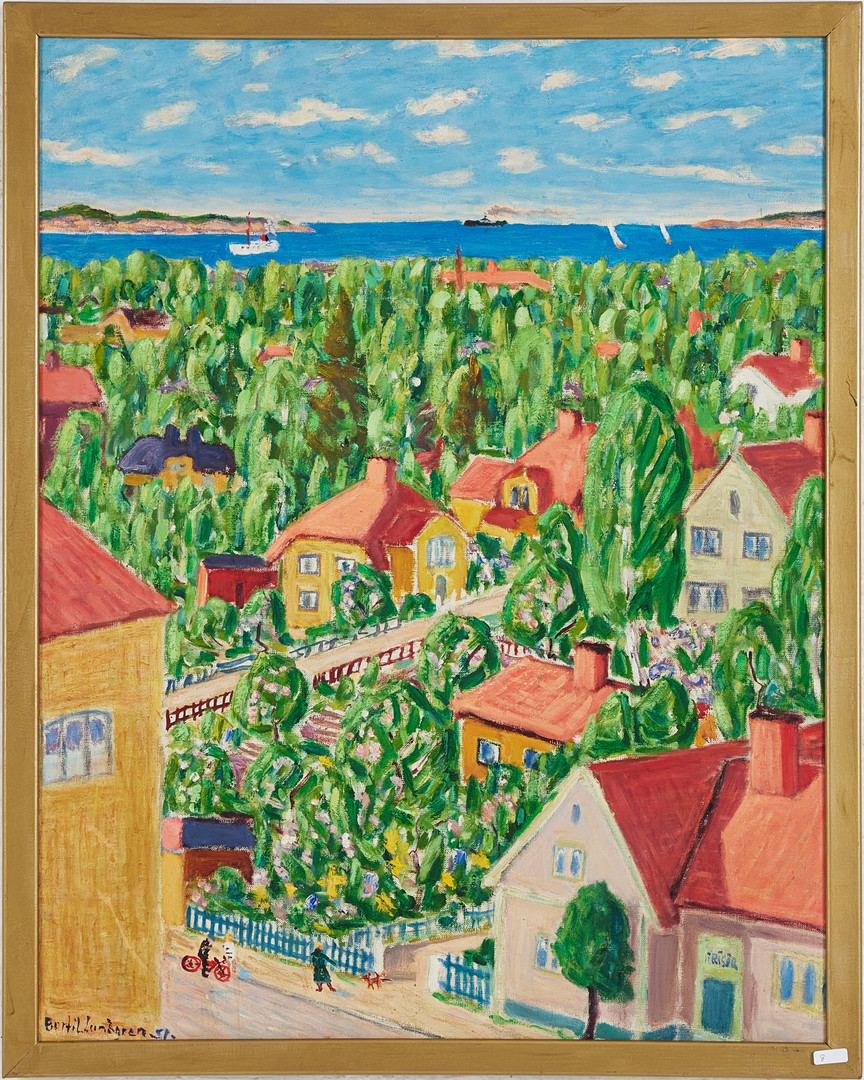 BERTIL LUNDGREN (1900-1979). Nynäshamn från balkong på Centralgatan 18 sommaren 1951, olja på duk, signerad och daterad.