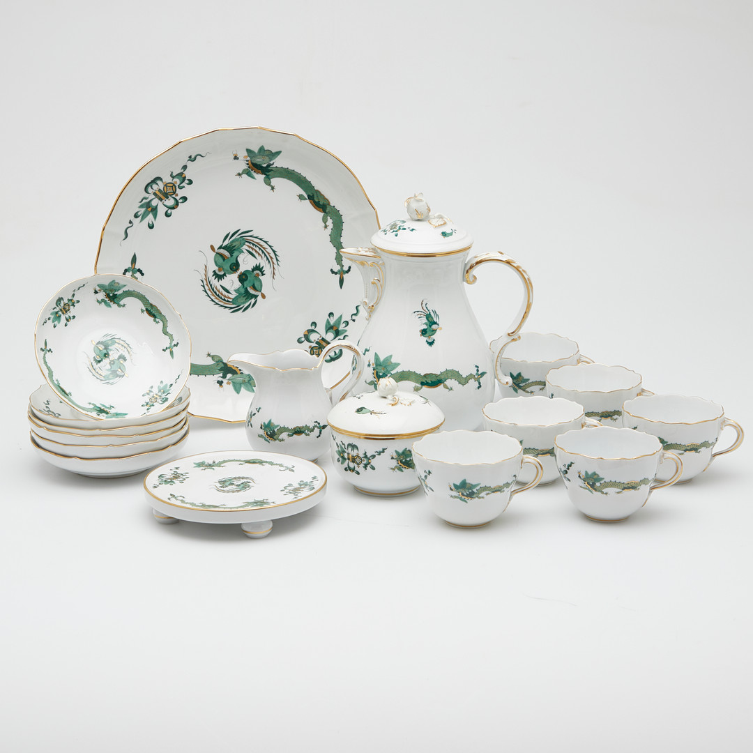 Meissen, 17-teiliges Kaffeeservice, grüner Mingdrache, Porzellan, 1. Wahl, Anfang 20. Jahrhundert, Deutschland (17).