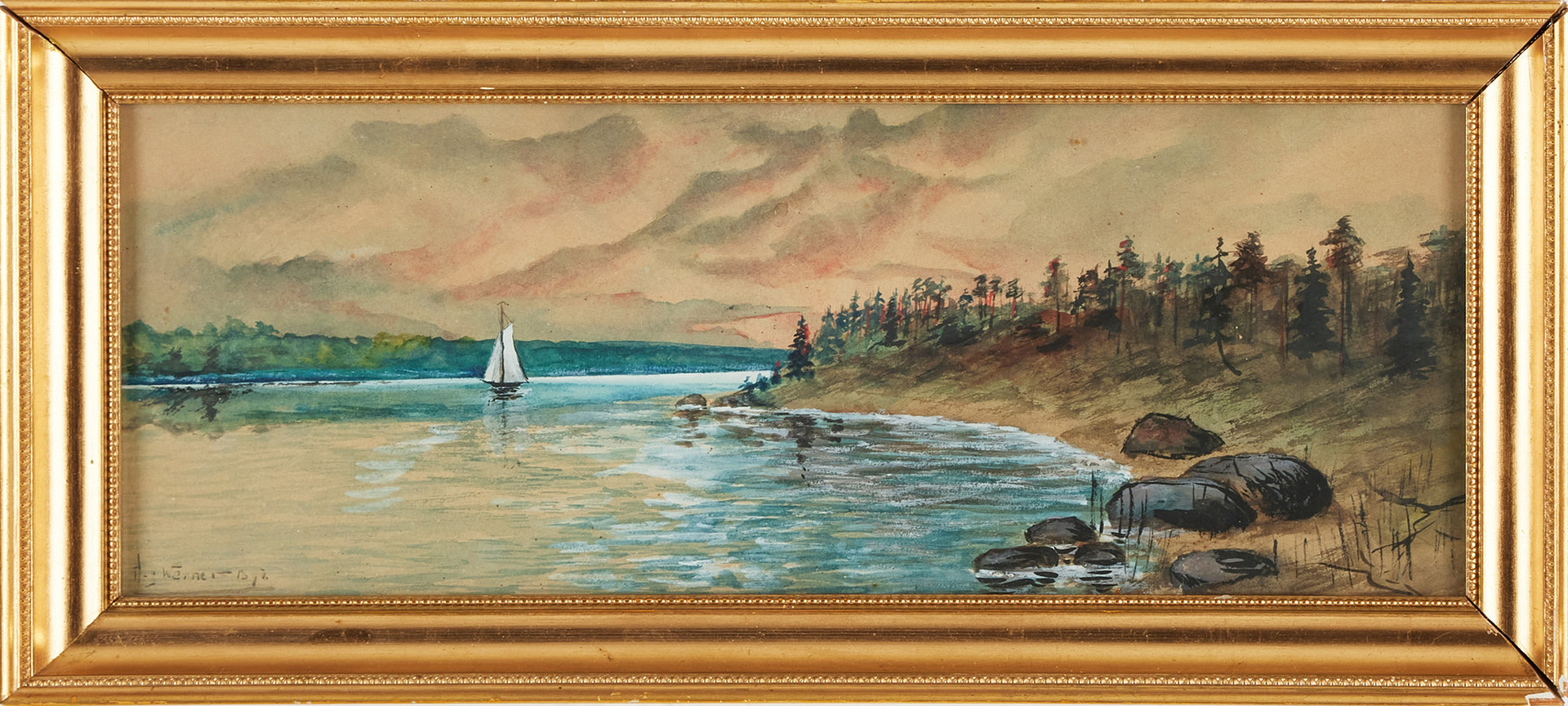 HILDING WERNER. Kustmotiv med segelbåt, signerad, akvarell.