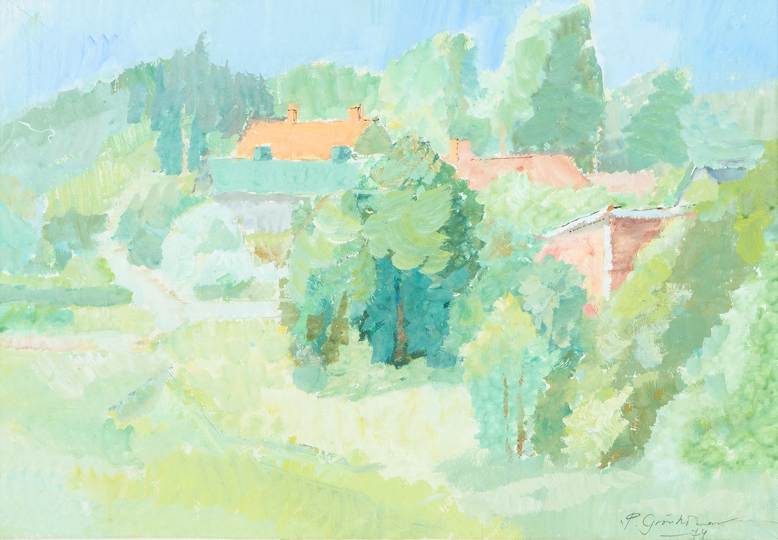 PAUL GRÖNHOLM (1907-1992). Sommarlandskap, signerad samt daterad -74, gouache.