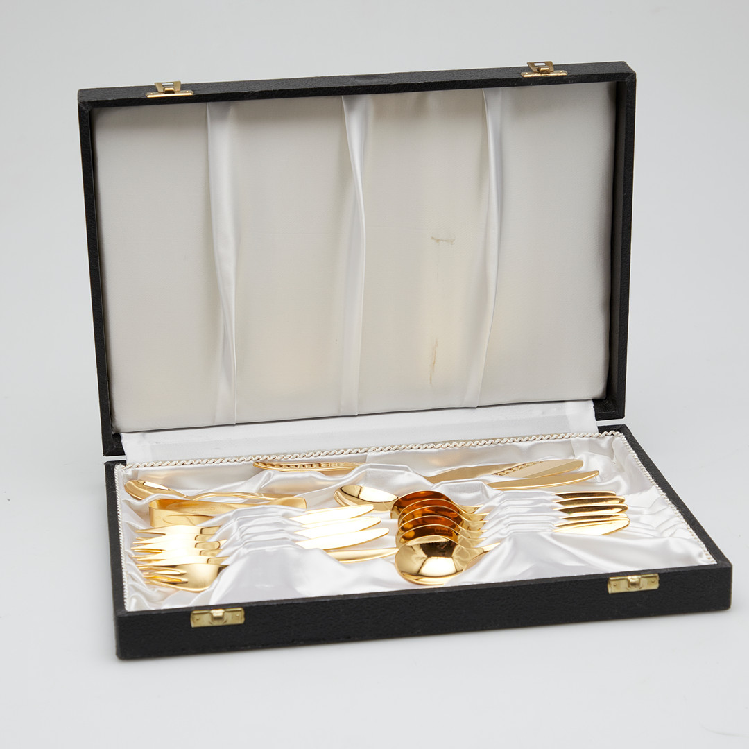 Modernes goldenes Besteck im Kasten, 16-tlg., Edelstahl hartvergoldet, Solingen Germany.