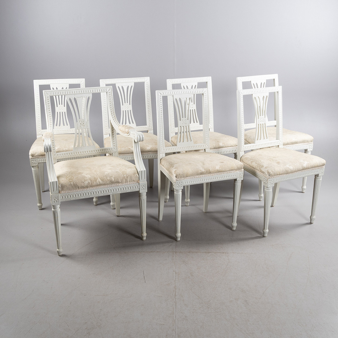 STOLAR SAMT KARMSTOL, 7 stycken, gustaviansk stil, 18/1900-tal.