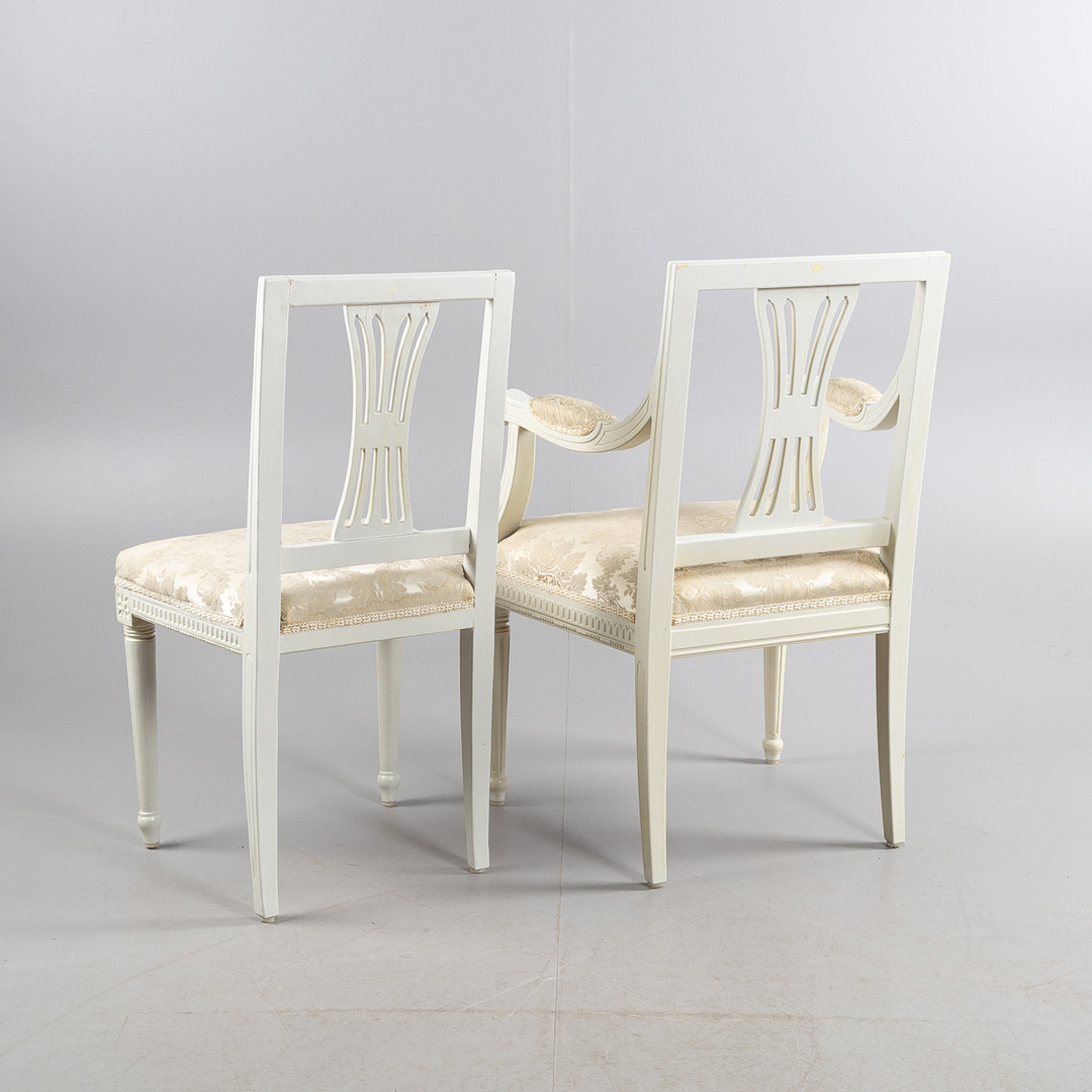 STOLAR SAMT KARMSTOL, 7 stycken, gustaviansk stil, 18/1900-tal.