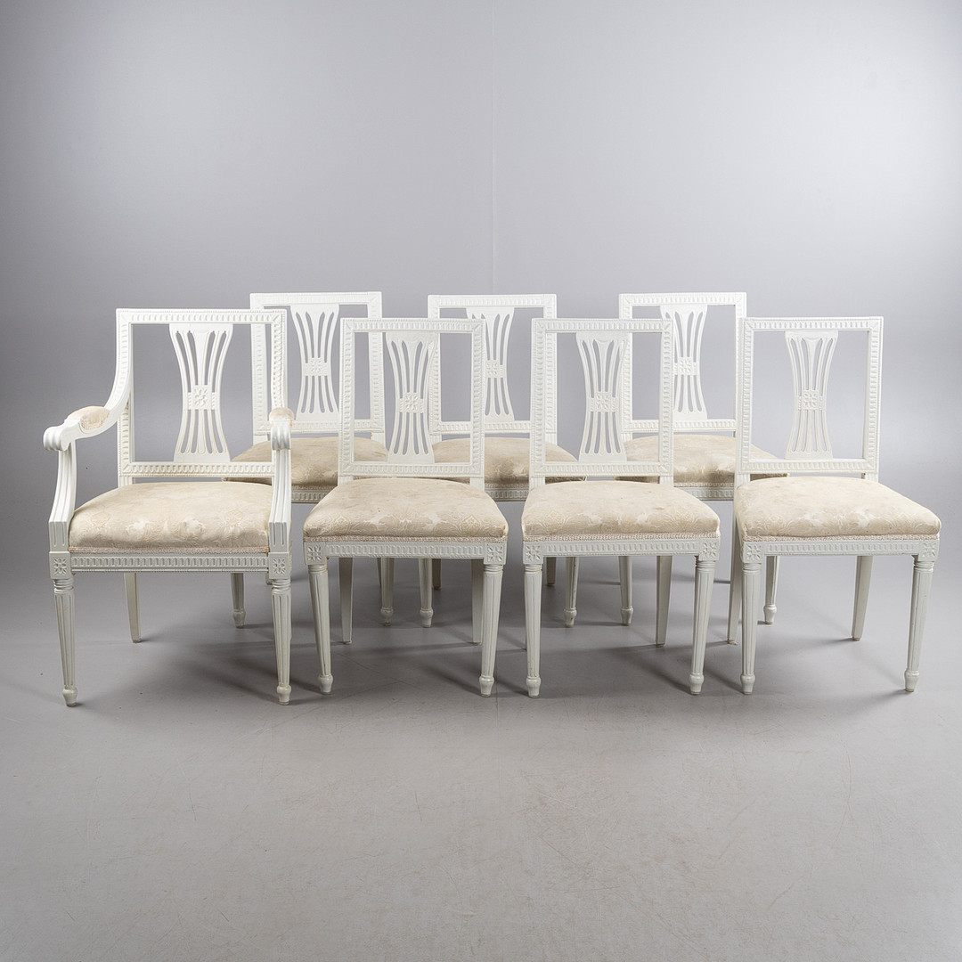 STOLAR SAMT KARMSTOL, 7 stycken, gustaviansk stil, 18/1900-tal.