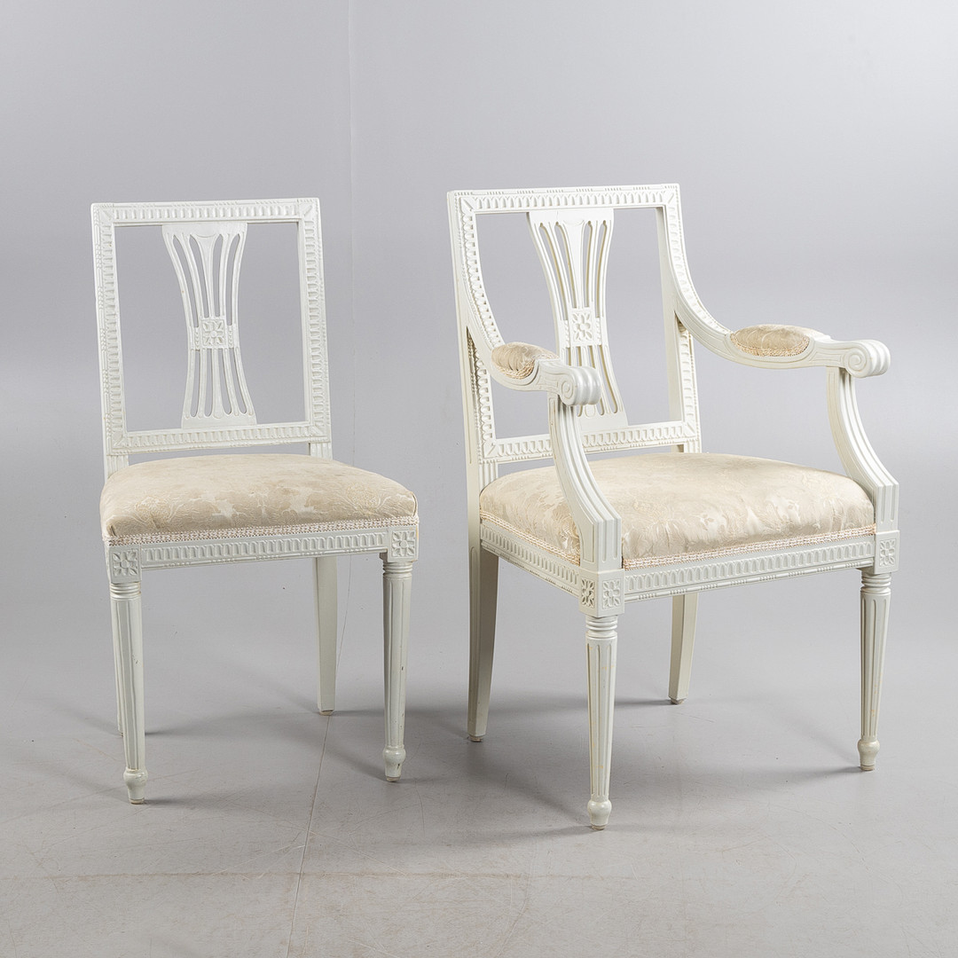 STOLAR SAMT KARMSTOL, 7 stycken, gustaviansk stil, 18/1900-tal.