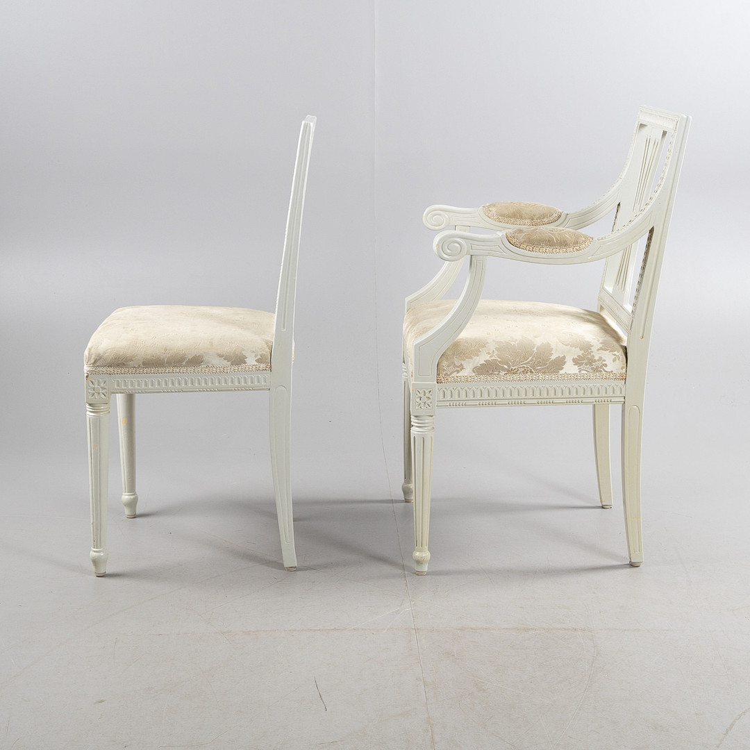 STOLAR SAMT KARMSTOL, 7 stycken, gustaviansk stil, 18/1900-tal.