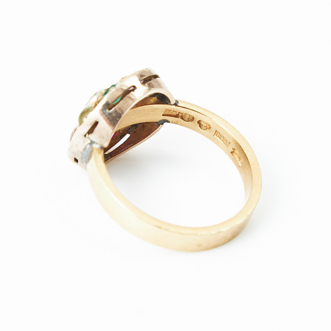RING, 18 k guld, fasettslipade olikfärgade stenar varav en cabochonslipad resp pärla i 14 k guldmontering.