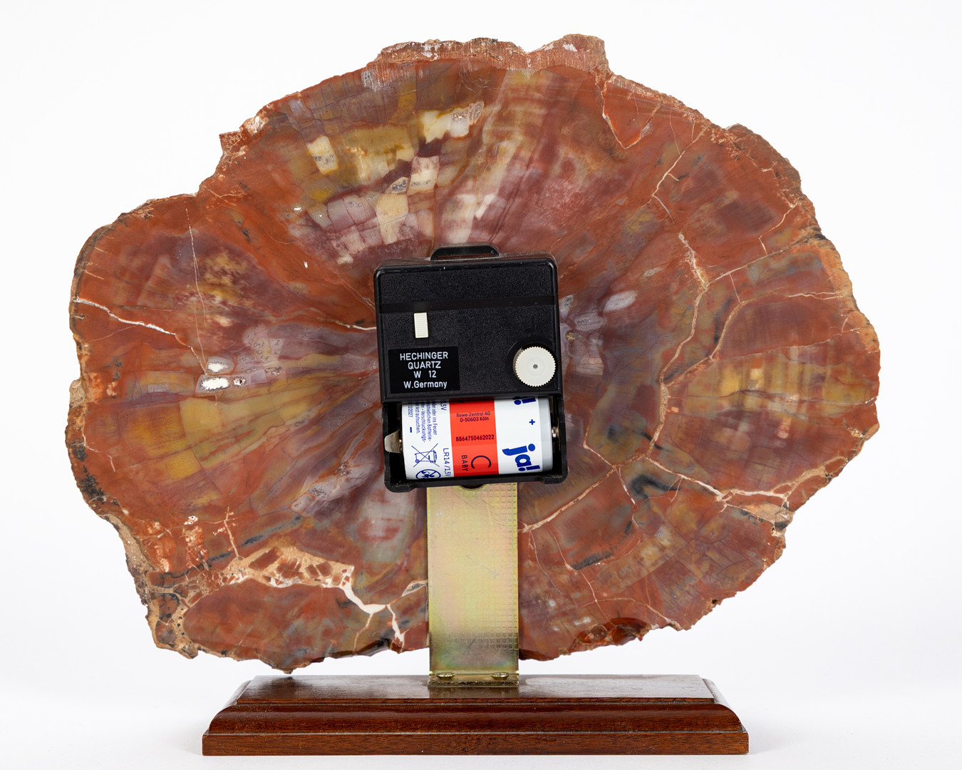Tischuhr, Zifferblatt aus versteinertem Holz „Araucarioxylon“ arizonicum, Trias, Arizona.