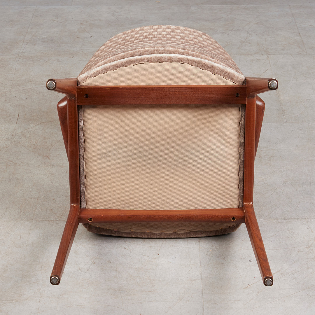 HARTMUT LOHMEYER. für Wilkhahn, fünf Stühle / Esszimmerstühle, Teak, Stoff, 1960er Jahre, Deutschland.