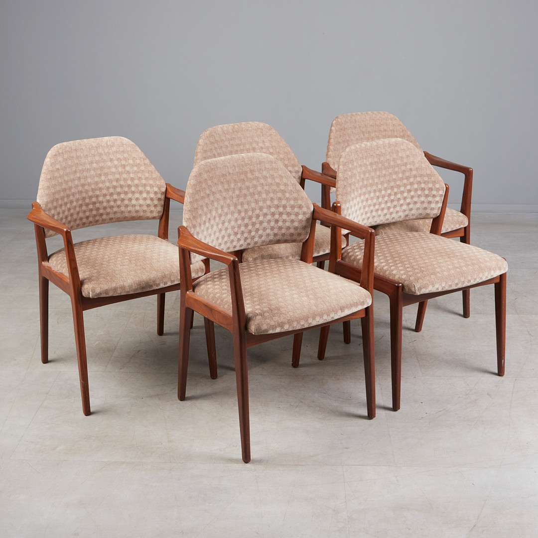HARTMUT LOHMEYER. für Wilkhahn, fünf Stühle / Esszimmerstühle, Teak, Stoff, 1960er Jahre, Deutschland.