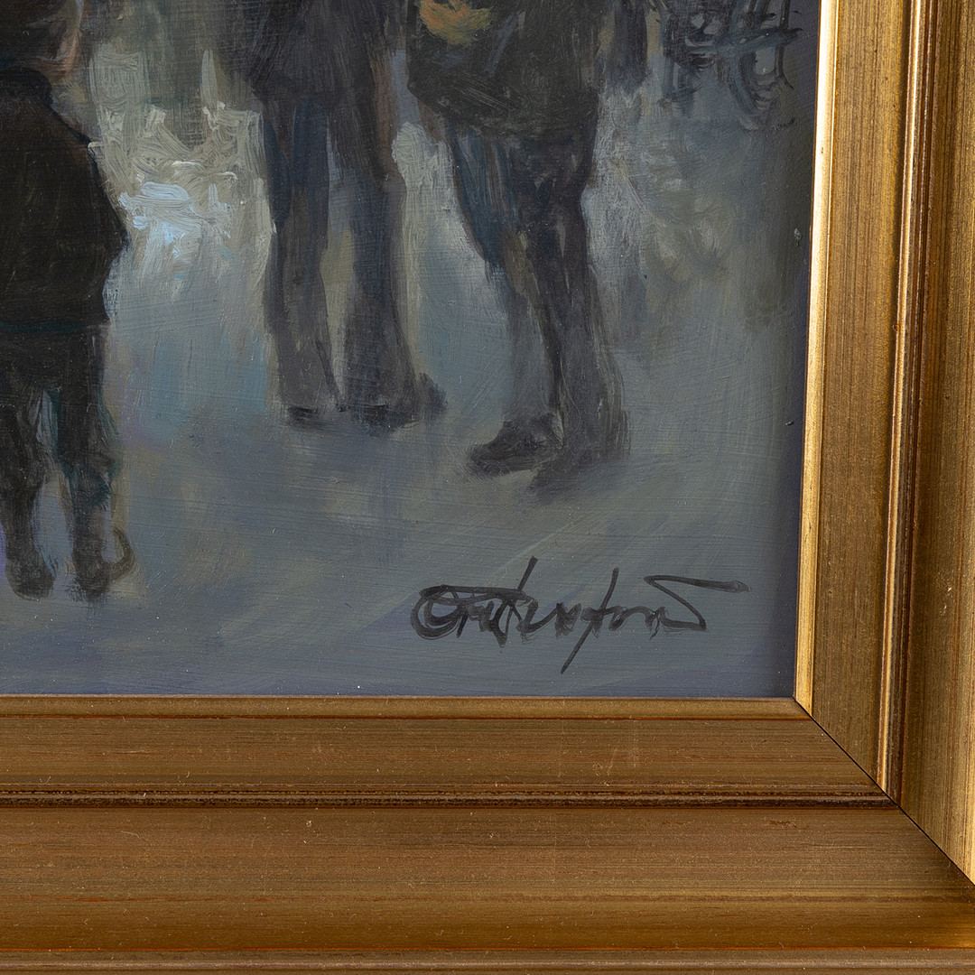 OVE PERSSON. Olja på pannå, personer vid kyrkan, signerad.