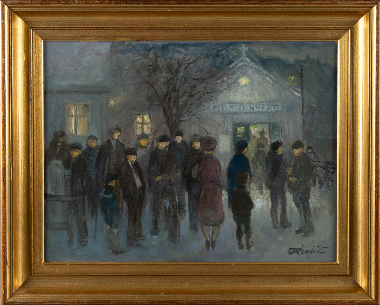 OVE PERSSON. Olja på pannå, personer vid kyrkan, signerad.