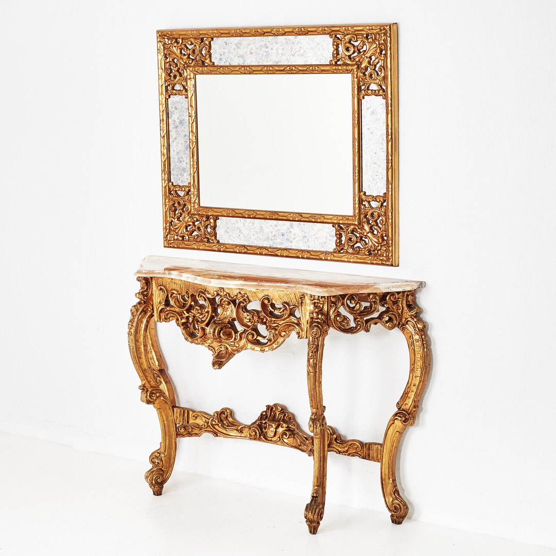 SPEGEL med KONSOLBORD, barockstil, skivan i stenkomposit, förgylld, Belgien, 2000-tal.