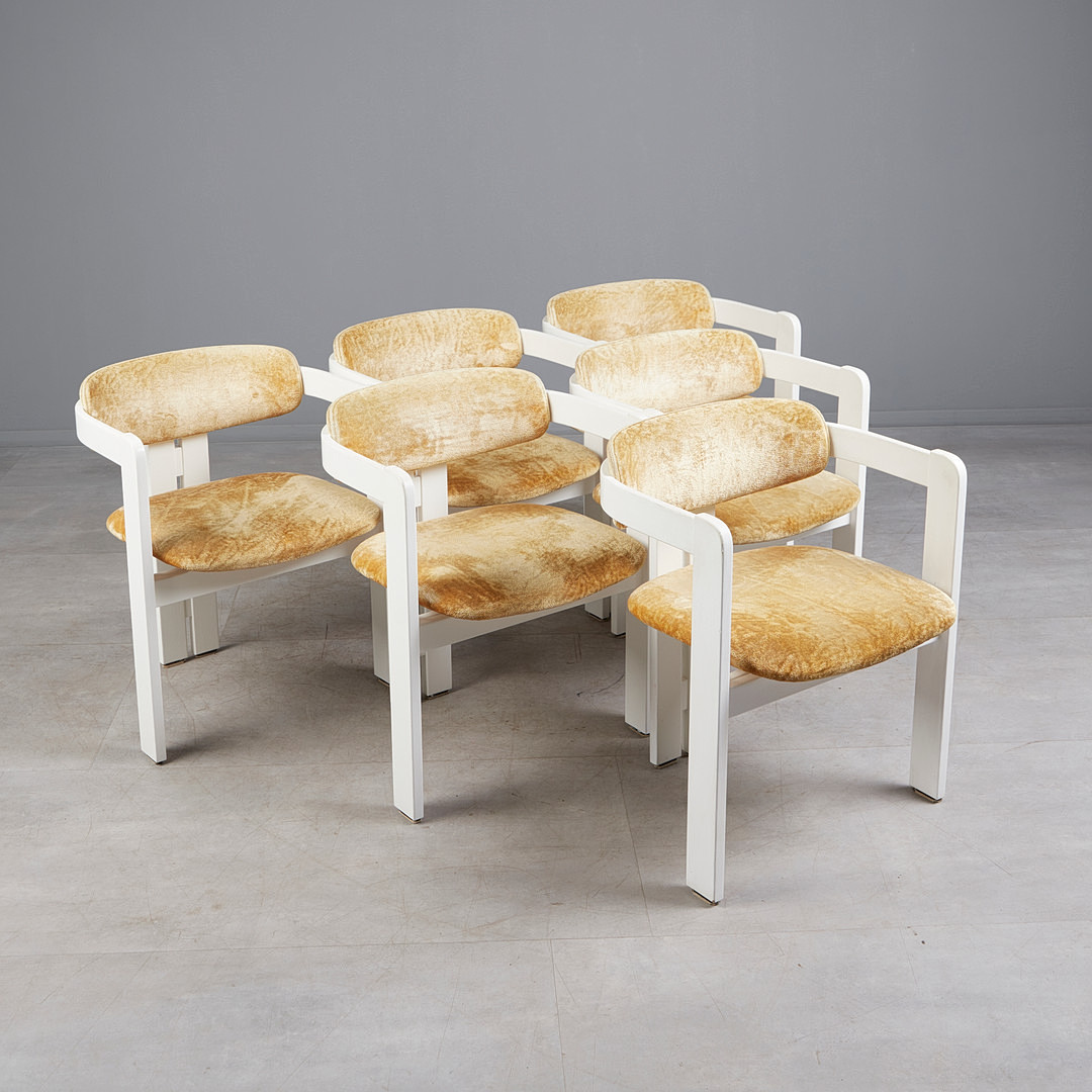 AUGUSTO SAVINI. Sechs Stühle / Esszimmerstühle, wie Modell 'Pamplona', Holz, Velours (6).