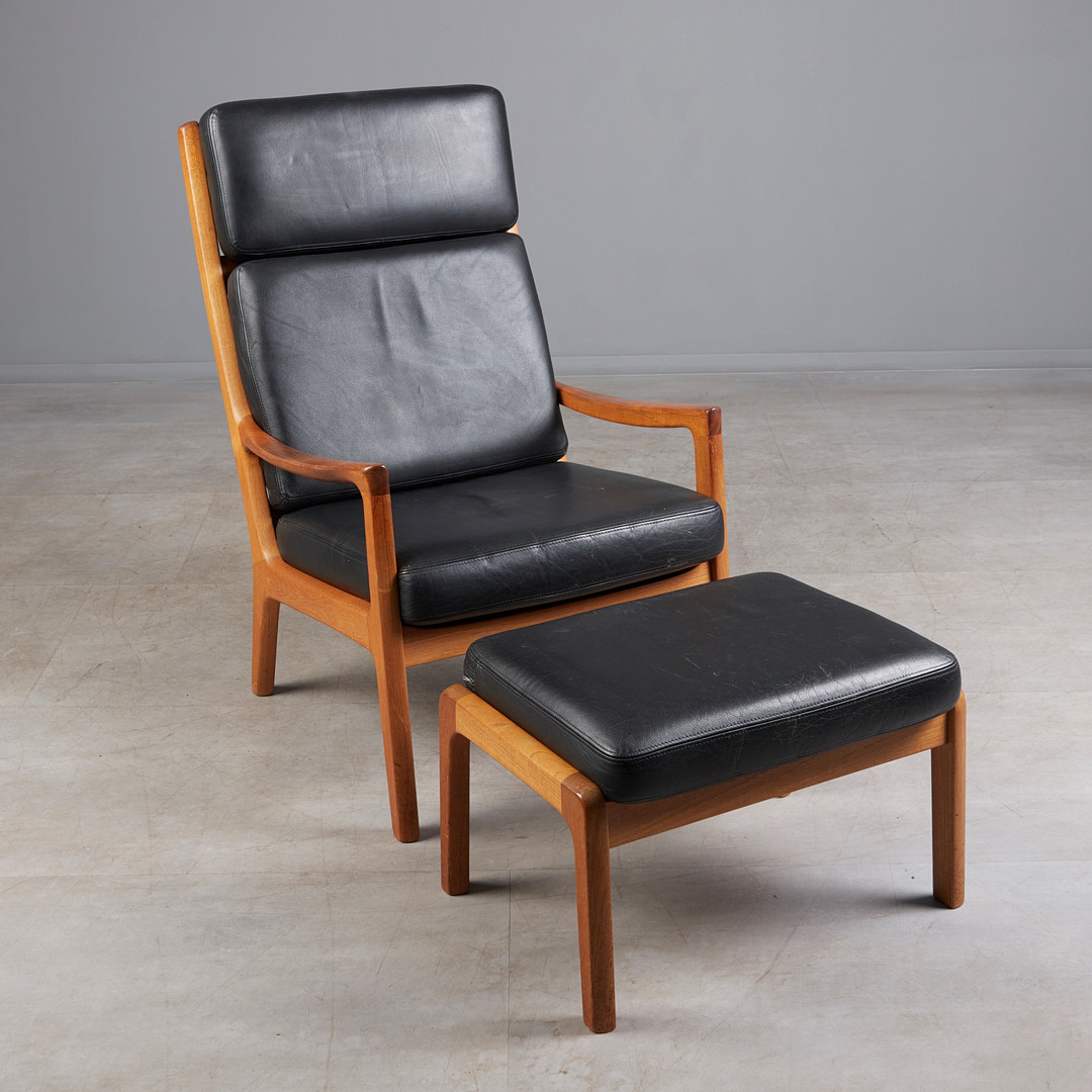 OLE WANSCHER. Poul Jeppesen Møbelfabrik, Hochlehner / Lounge Sessel mit Ottomane / Hocker, Modell 'Senator', 1960er Jahre, Dänemark (2).