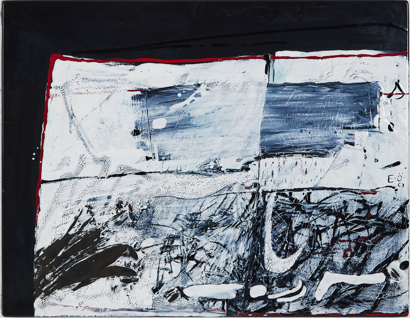 EJE ÖBERG (1929-2000). komposition, emaljerad plåt, monogramsignerad EÖ.